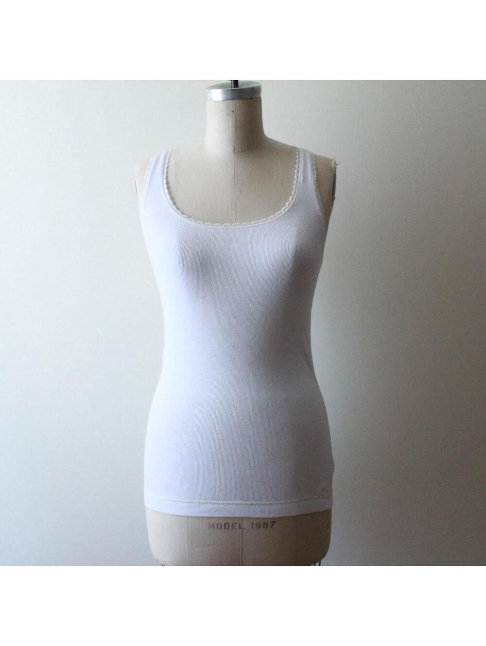 American Eagle White Ribbed Tank Top with Lace Trim, Scoop Neck Racerback, Size